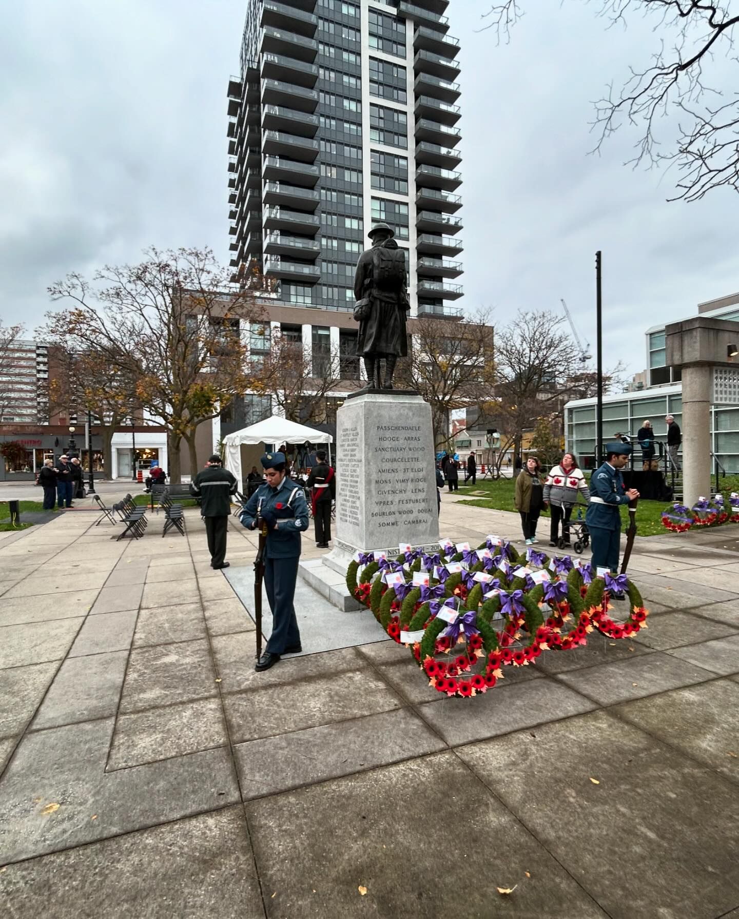 Cadets positioned on each side of the memorial during the ceremony